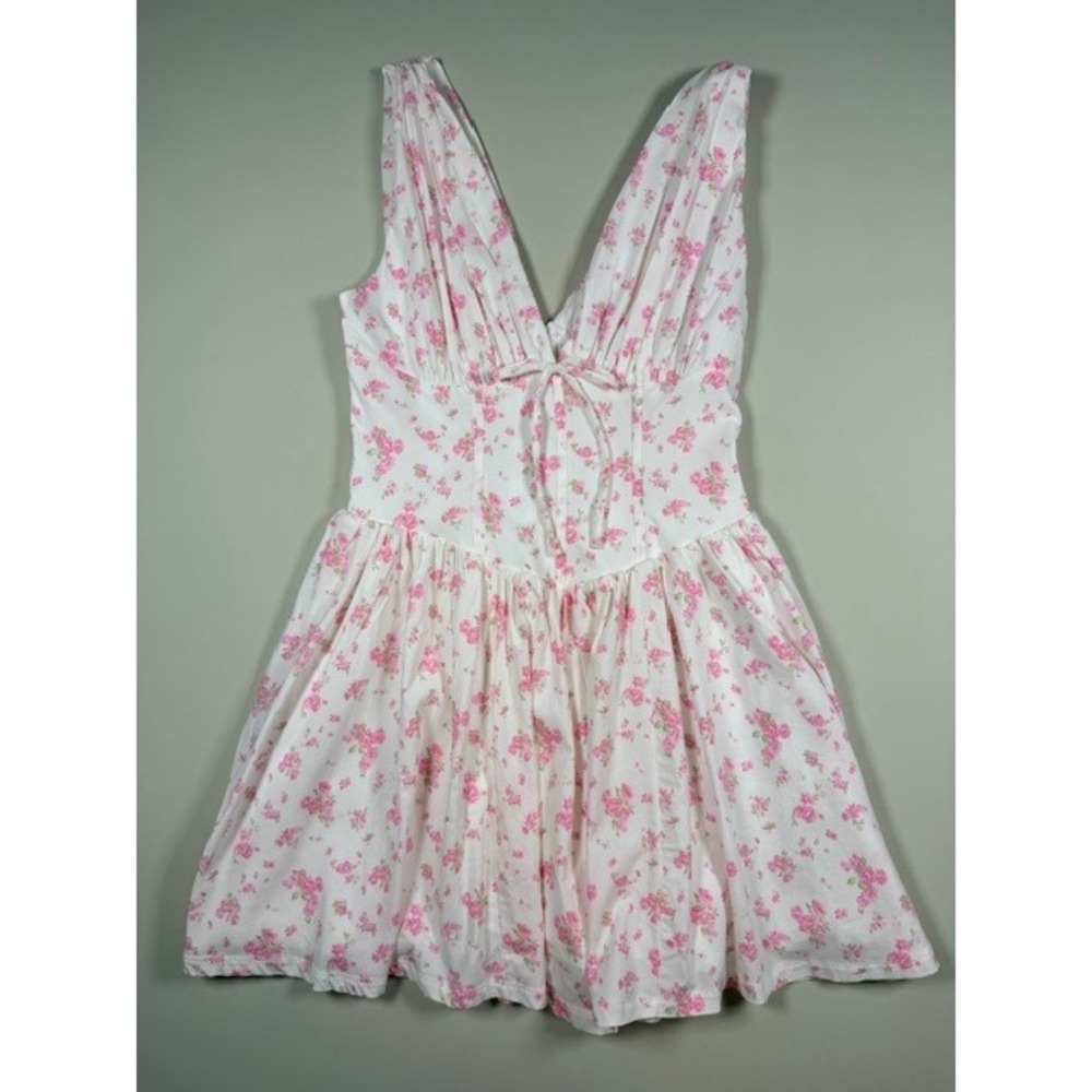 NEW Floral V-Neck Corset Mini Dress White Pink Lined Cottage Core